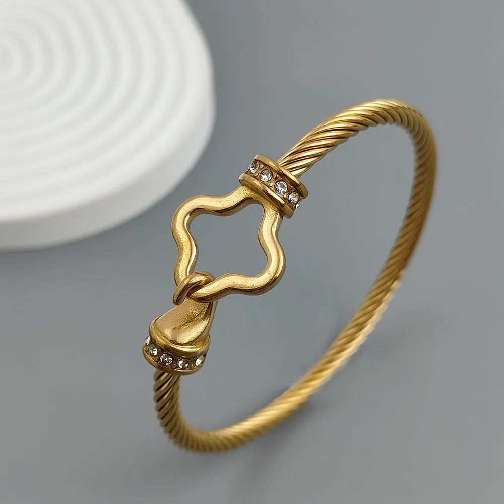 New steel wire button zircon four-leaf clover gold-plated bracelet 18K, high-quality waterproof couple bracelet, wife gift