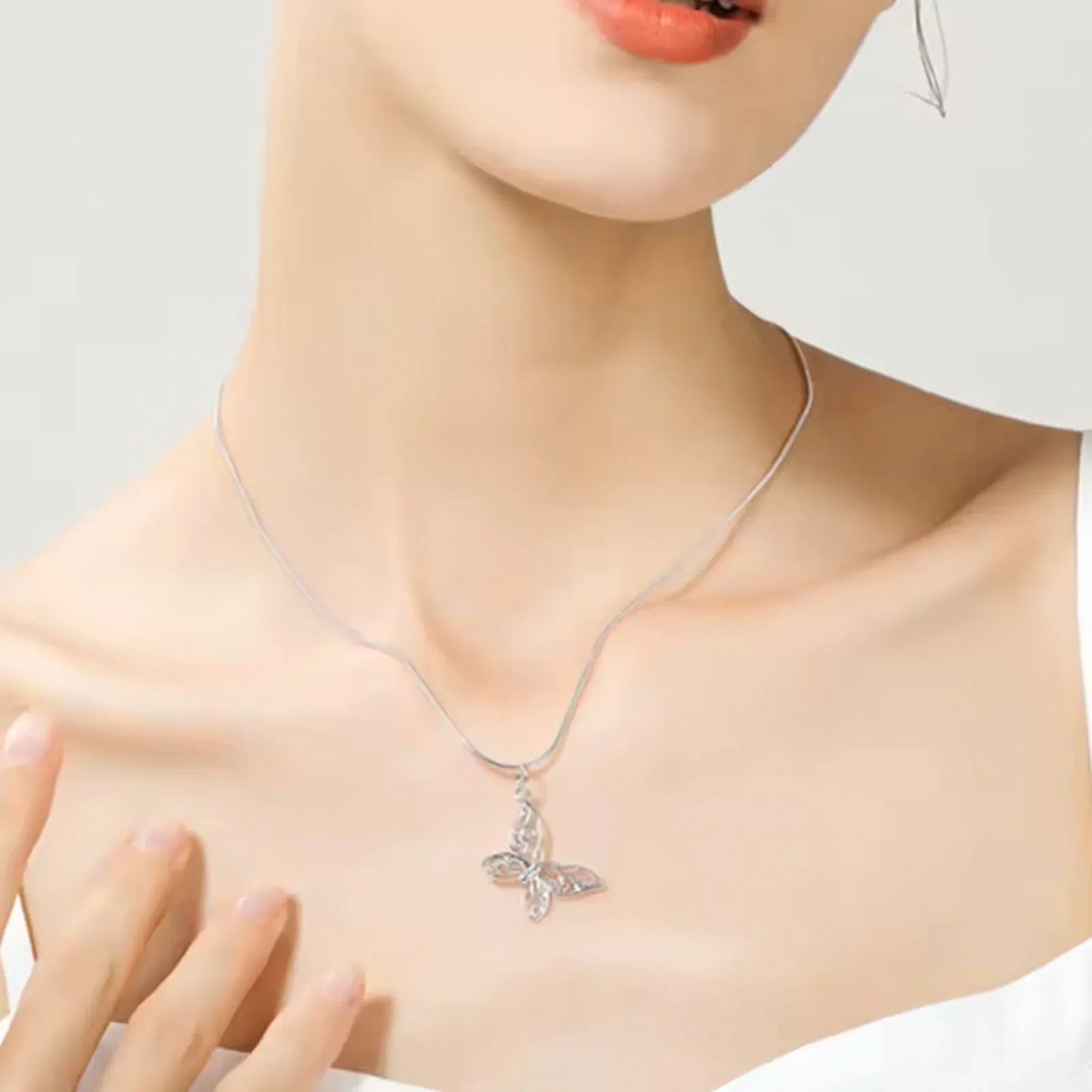925 Sterling Silver Butterfly Pendant Necklace Snake Chain For Women Wedding Engagement Jewelry
