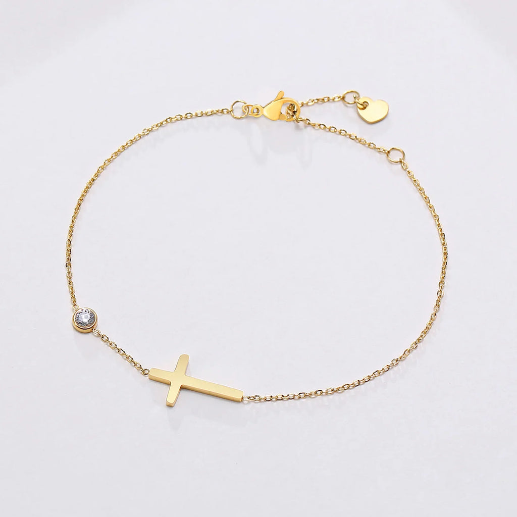 Birthstone Zirconia Thin Chain Link Cross Bracelet Stainless Steel Women's Adjustable Link Stacked Layered Chain Bracelets