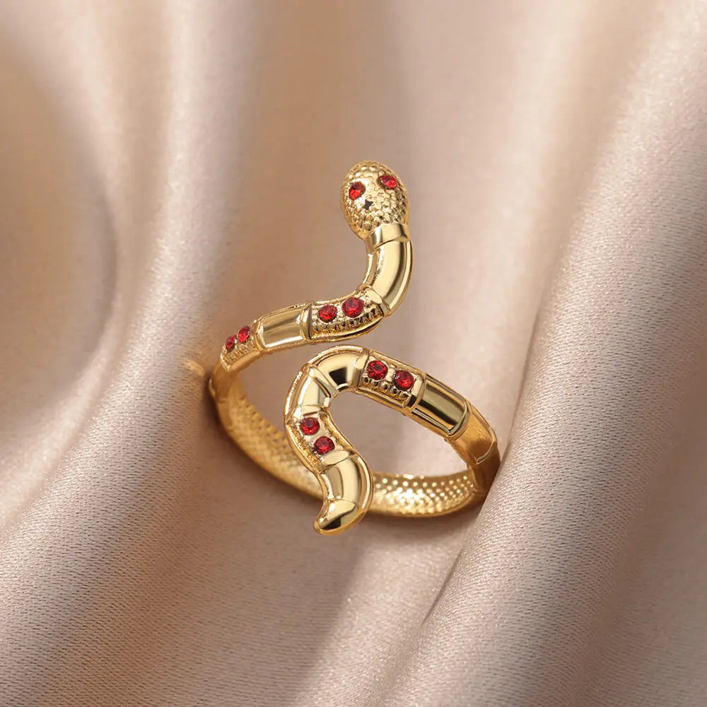 Stainless Steel Snake Rings For Women Men Gold Color Open Adjustable Zircon Ring Vintage Gothic Aesthetic Jewelry anillos mujer