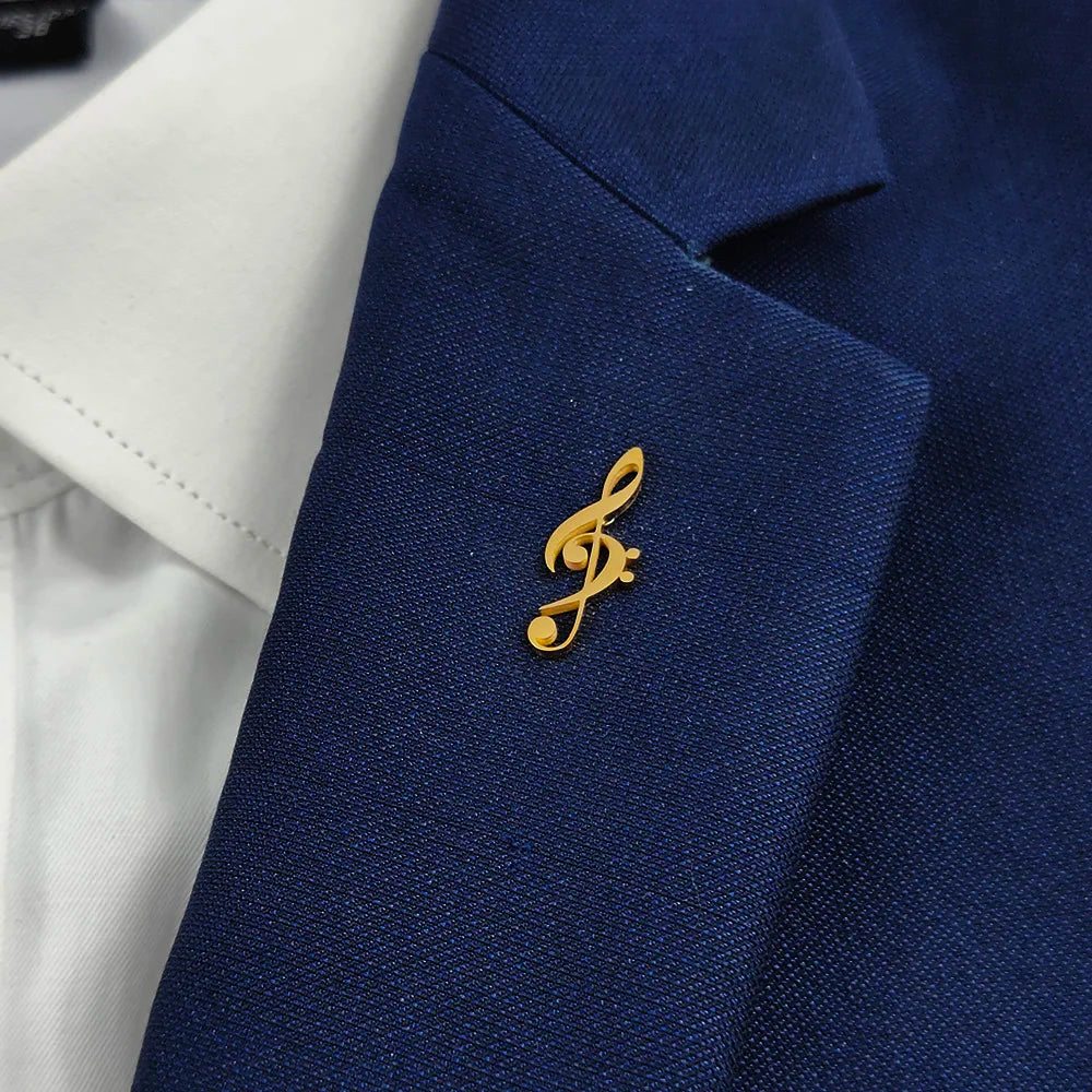 New music symbol men's lapel pin, 316L stainless steel gold-plated badge, black brooch for suit accessories, gift for father