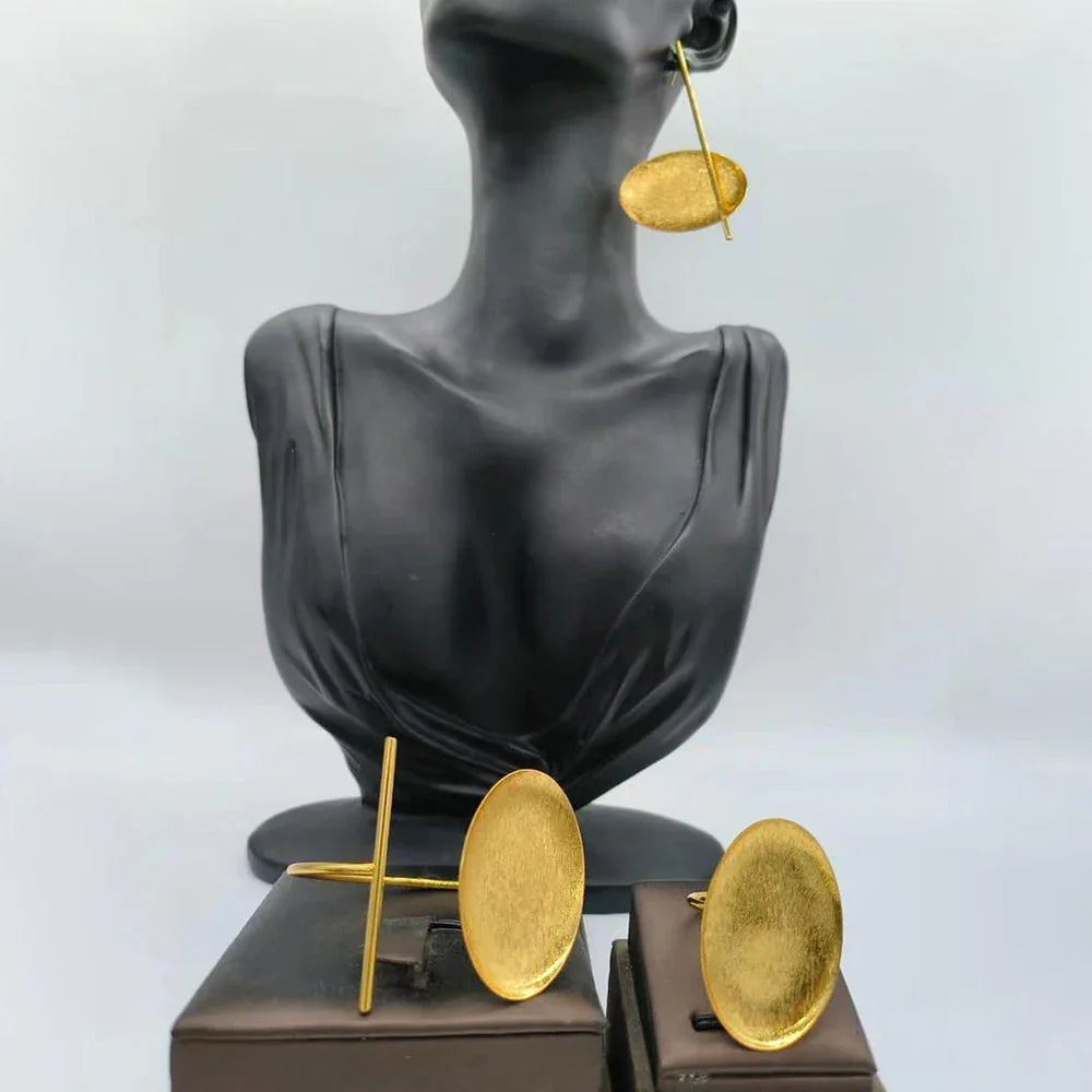 Dubai Gold Plated Earrings and Ring Jewelry Set for Party Dangle Earrings and Cuff Bangle Ring Set for African Jewellery Gifts