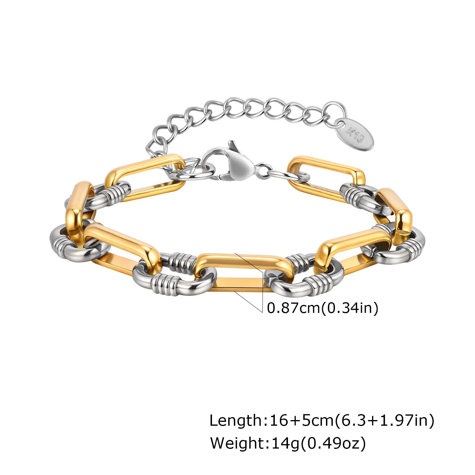 Two Tone Chain Bracelet for Women, Chunky Mixed Metal Link, Stainless Steel Waterproof Jewelry, Stylish Adjustable Wristband