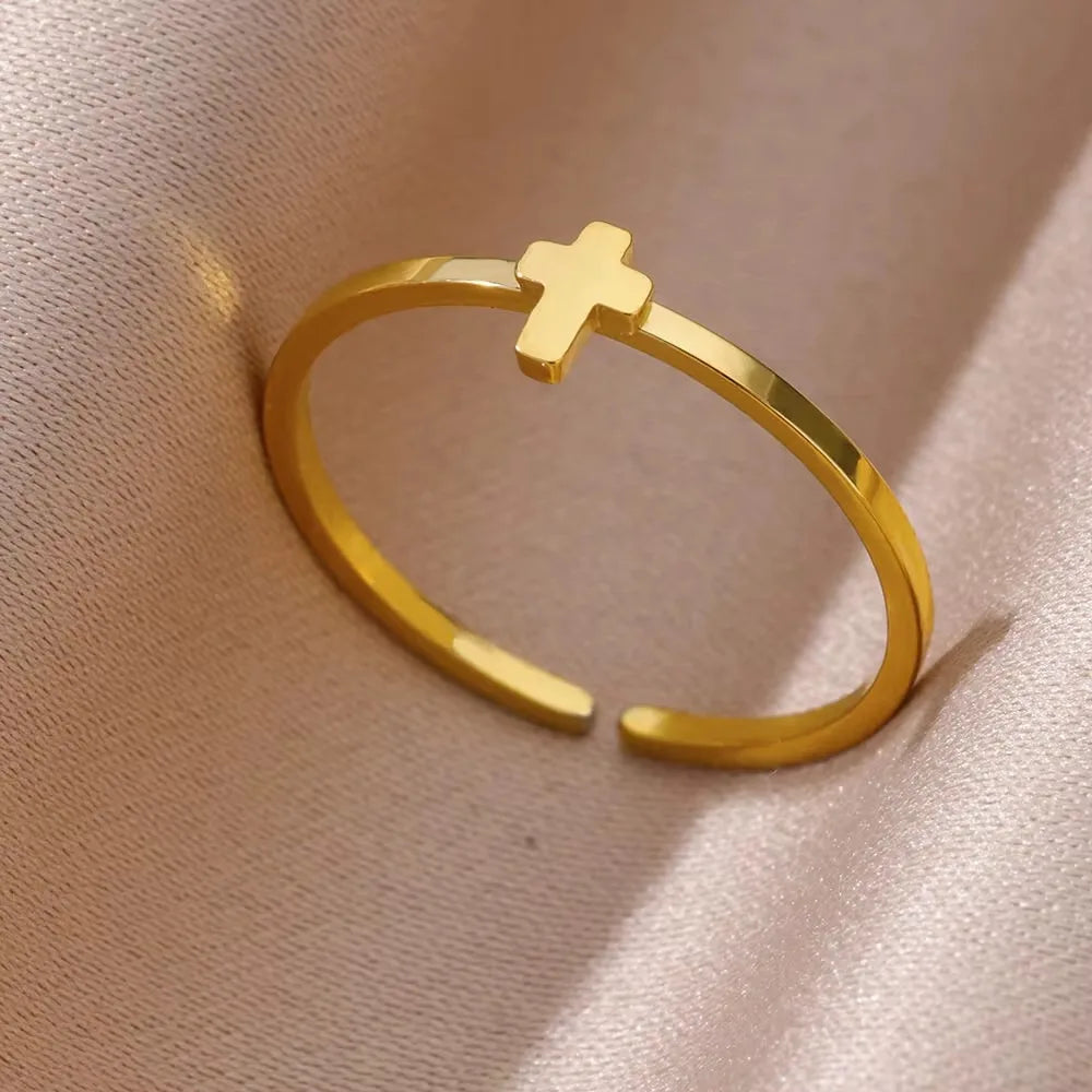 Stainless Steel Cross Rings for Women Vintage Gold Color Opening Cross Finger Ring Party Wedding Jewelry Gift anillos mujer