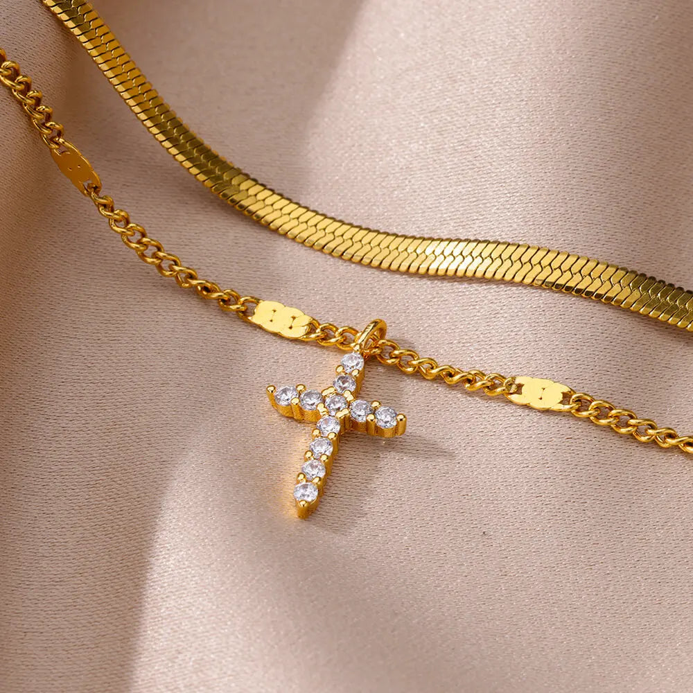 Zircon Cross Anklets For Women Gold Color Stainless Steel Cross Anklet Double Chain Summer Beach Party Jewelry Gift Accessories