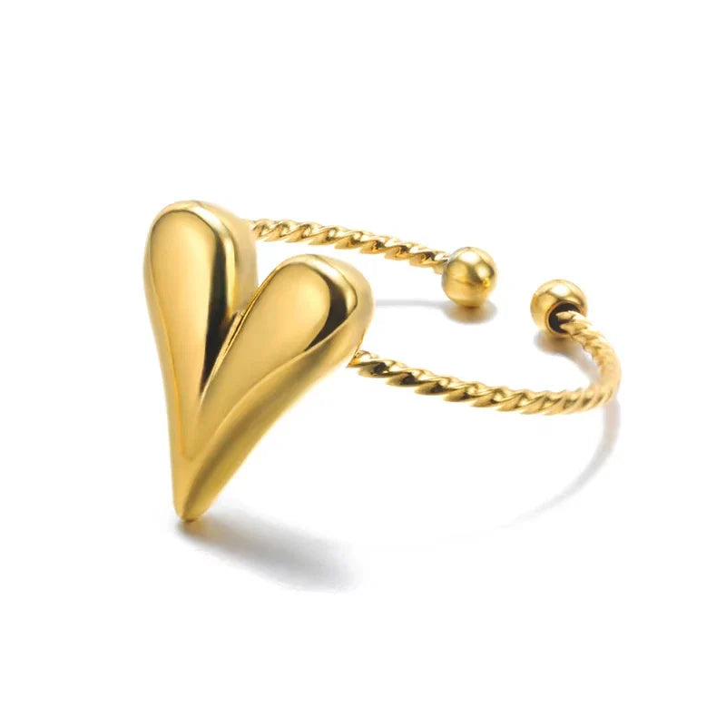 Green Cubic Zircon Heart Rings For Women Vintage Gold Color Stainless Steel Open Ring Fashion Aesthetic Jewelry Wedding Gift