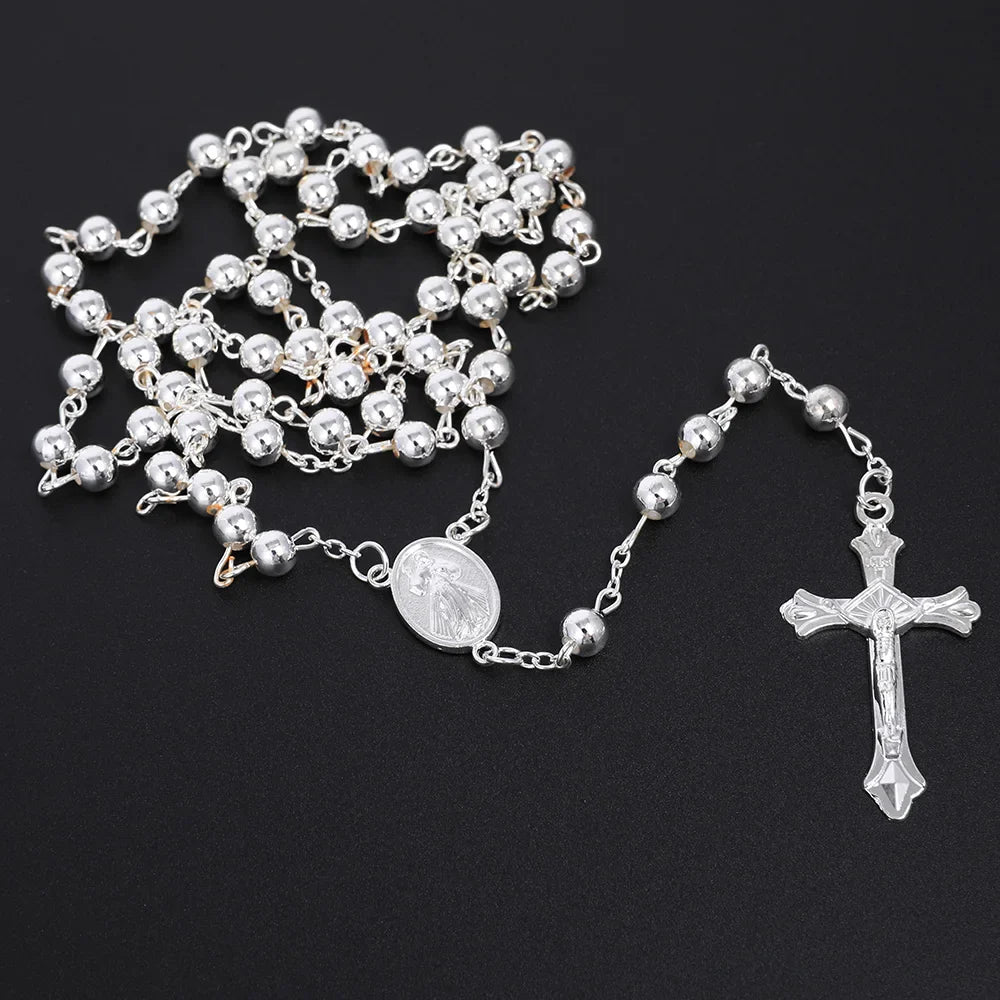 Gold Color Rosary Necklace For Women Men Long 6MM Beads Chain Crucifix Cross Pendant Religious Prayer Party Jewelry Gift
