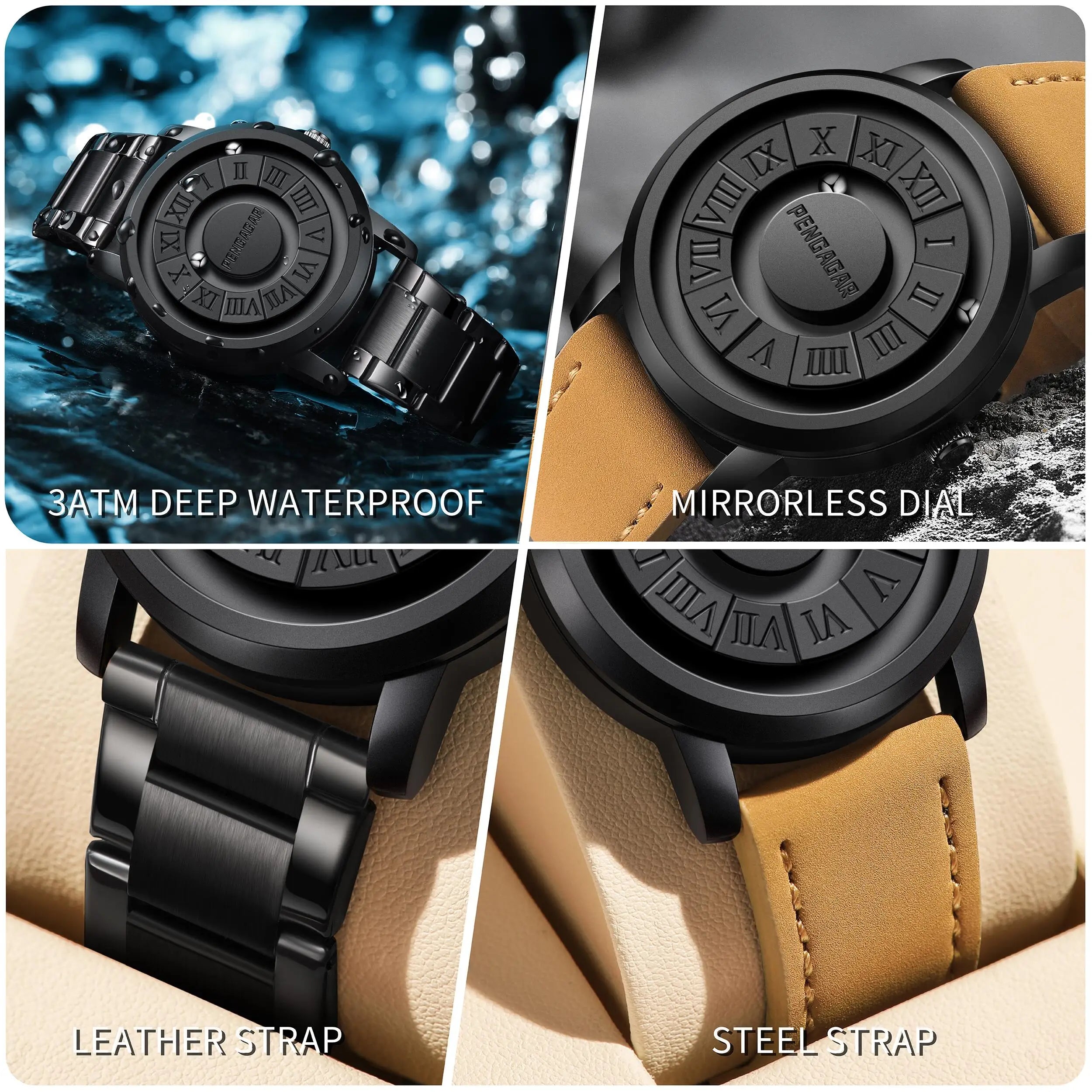 PENGAGAR Men's Watches Stainless steel Quartz Watch Creative Scrolling Pointer Magnetic Force Wrist Clock Relogio Masculino +box
