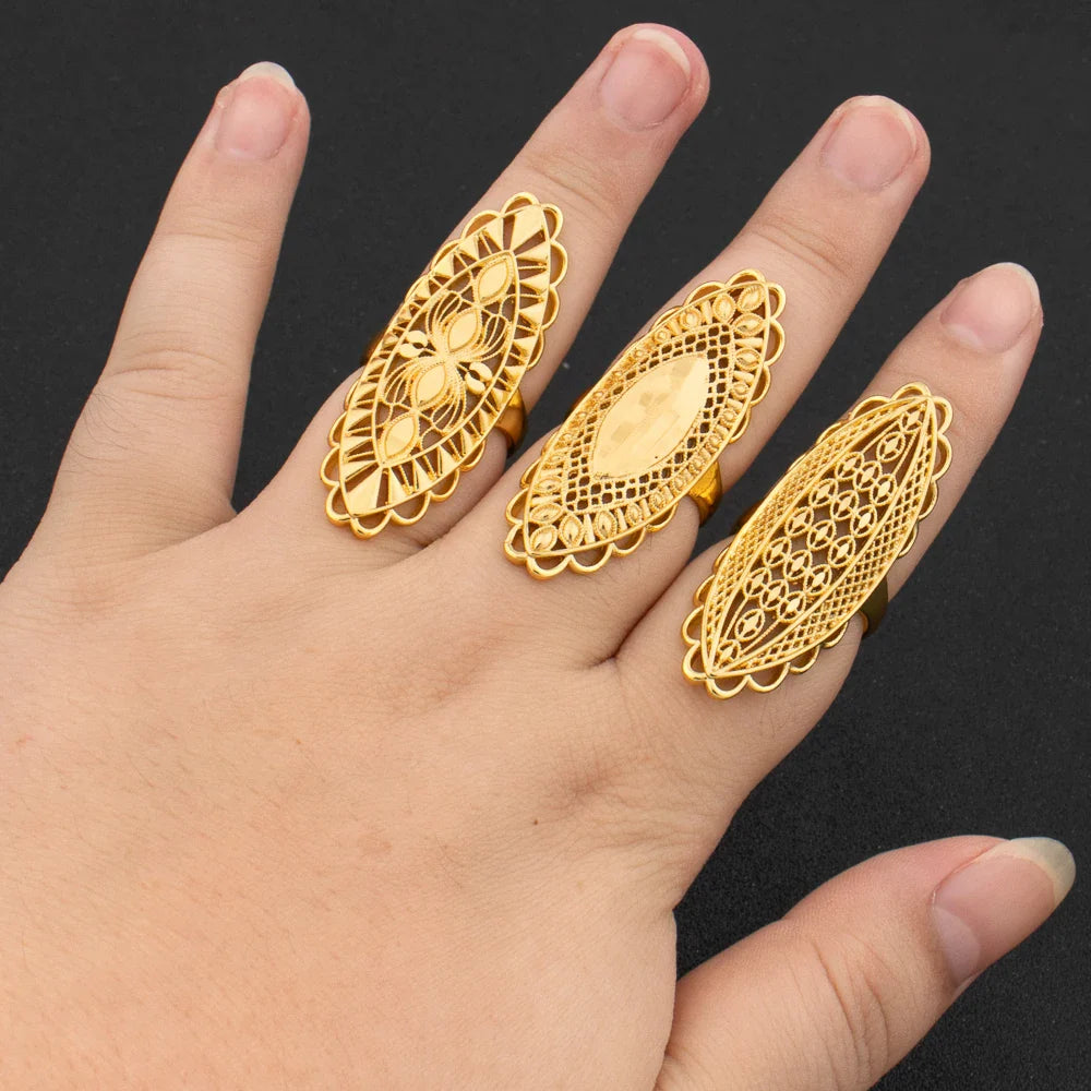 Luxury 18K Gold Plated Rings Copper Party Women Adjustable Long Rings Fashion Wedding Bride Round Opening Lady Finger Ring Gift
