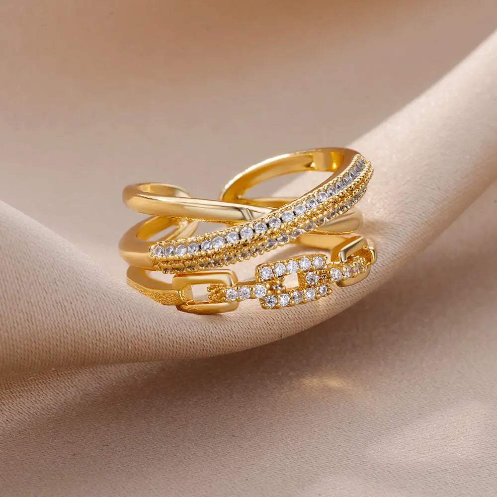 Zircon Chain Cross Rings For Women Vintage Gold Color Stainless Steel Geometric Open Ring Fashion Wedding Aesthetic Jewelry Gift