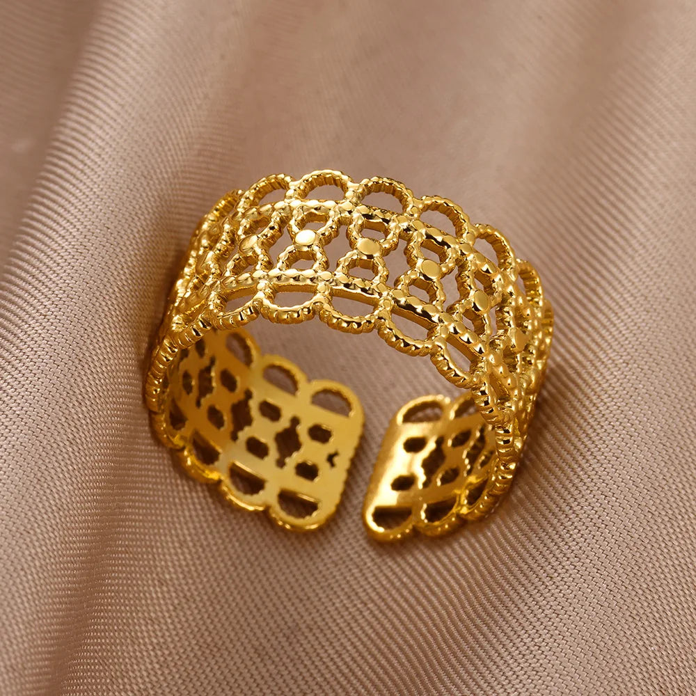 Stainless Steel Double Layer Rings for Women Vintage Hollow Out Geometric Finger Ring Fashion Jewelry Wedding Birthday Gift