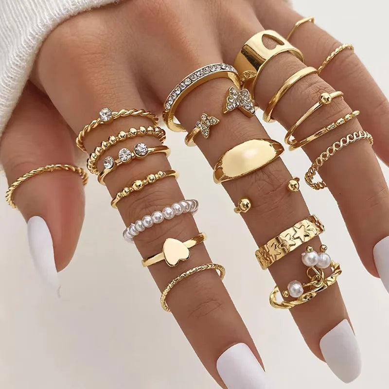 Vintage Elegant 66 Piece Fashion Ring Set Gold Color Pearl Geometric Rings Design for Women Daily Party Wear Jewelry Gifts 2024