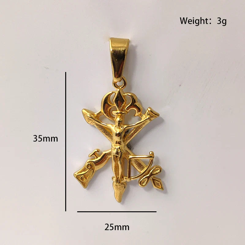 Trendy Jesus Cross Necklace - 18K Gold Plated Stainless Steel, Gun & Arrow Design for Men, Waterproof Religious Jewelry Gift