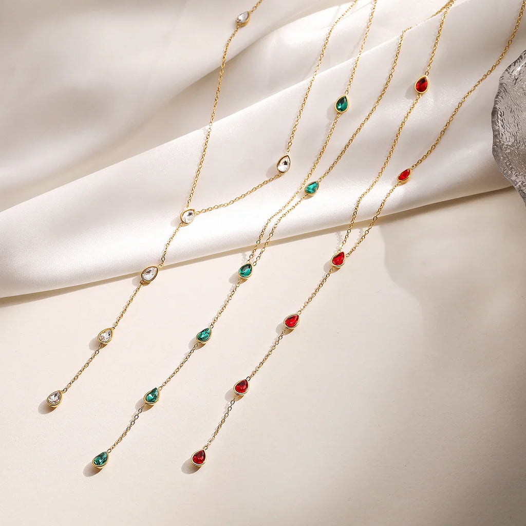 NEWBUY Fashion Gold Color Stainless Steel Choker Necklaces For Women Delicate White/Green/Red CZ Zircon Inlay Jewelry