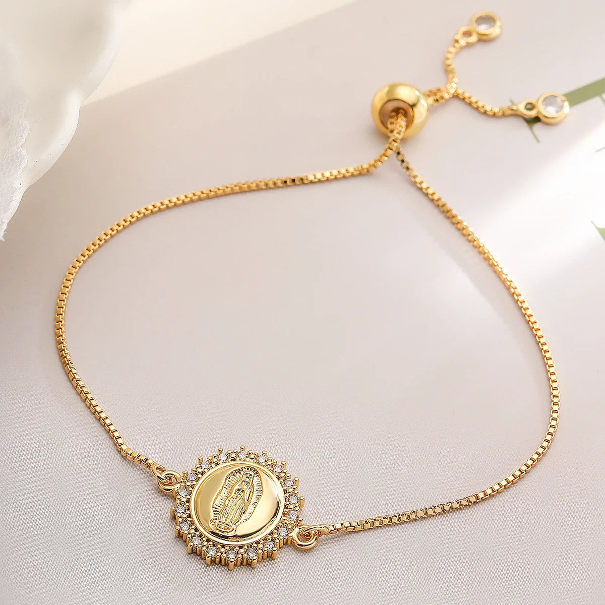 NEWBUY 2026 Fashion Gold Color Box Chain Virgin Mary Charm Bracelets For Women Shiny CZ Zircon Jewelry
