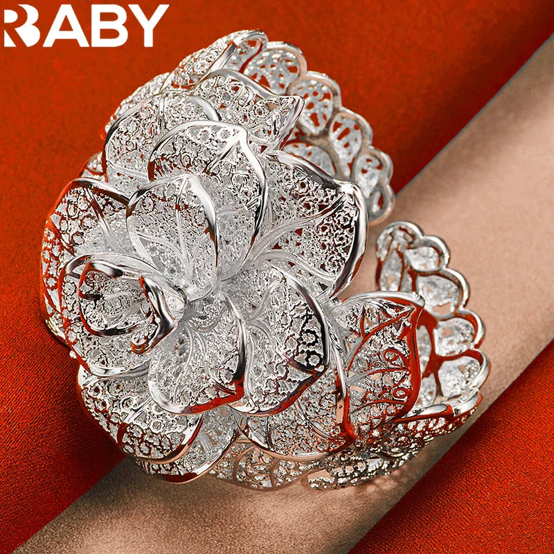 925 Sterling Silver Exquisite Pretty Camellia Flower Bracelet Bangles For Woman Charm Jewelry Wedding Engagement Fashion Party
