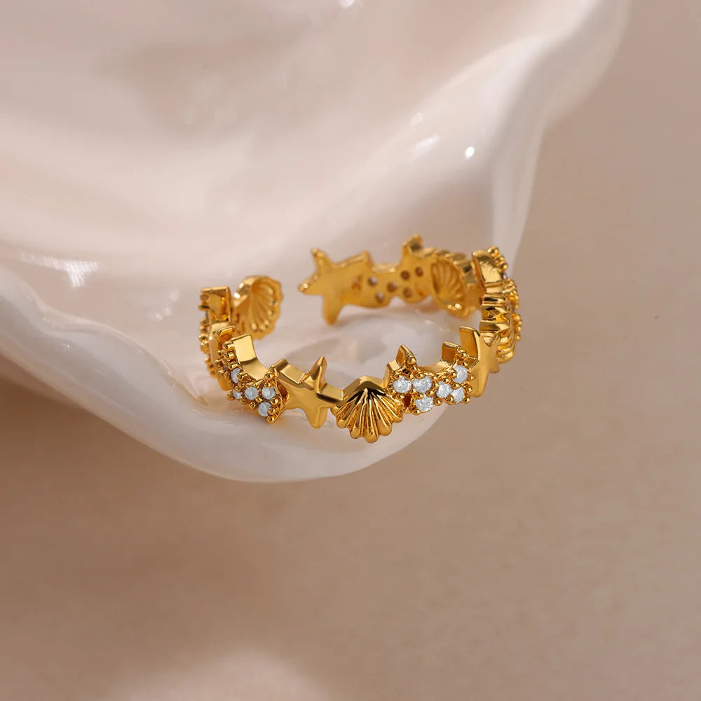 Green Zircon Seahorse Rings For Women Ocean Shell Starfish Turtle Stainless Steel Gold Color Finger Ring Summer Beach Jewelry