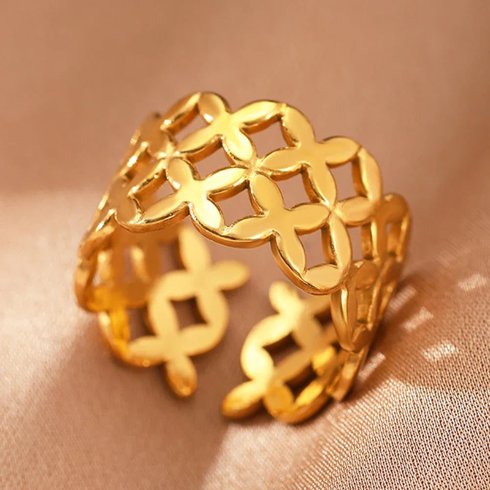 Stainless Steel Rings Vintage Exquisite Hollow Adjustable Open Statement Rings Light Luxury Fashion Rings For Women Jewelry New