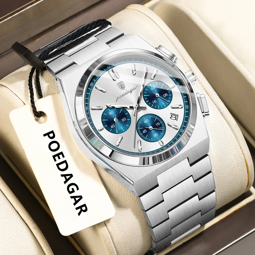 POEDAGAR Luxury Man Watch Chronograph Date Stainless Steel Sport Men Wristwatch Waterproof Luminous Fashion Quartz Men's Watches