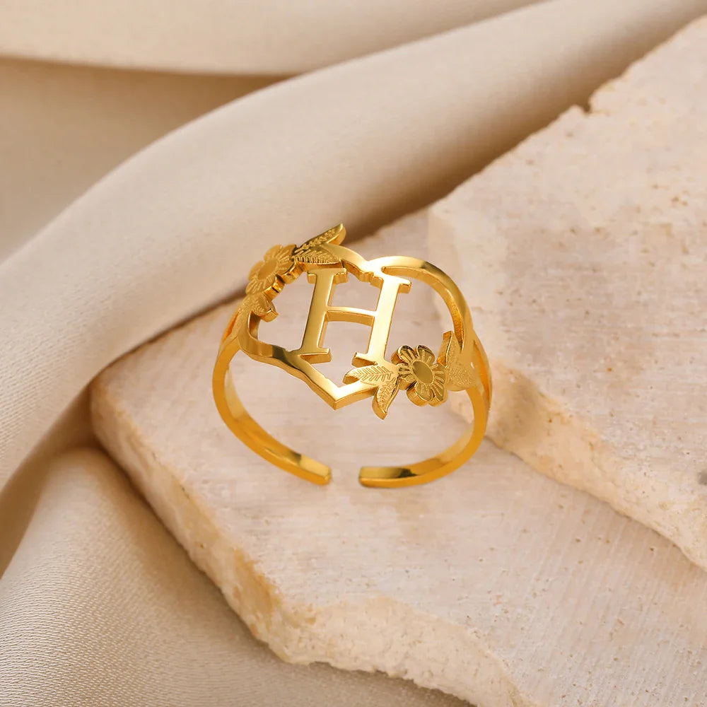Stainless Steel Initials Letter Heart Rings for Women Girls Gold Color Flower Alphabet Ring Fashion Valentine's Day Jewelry Gift