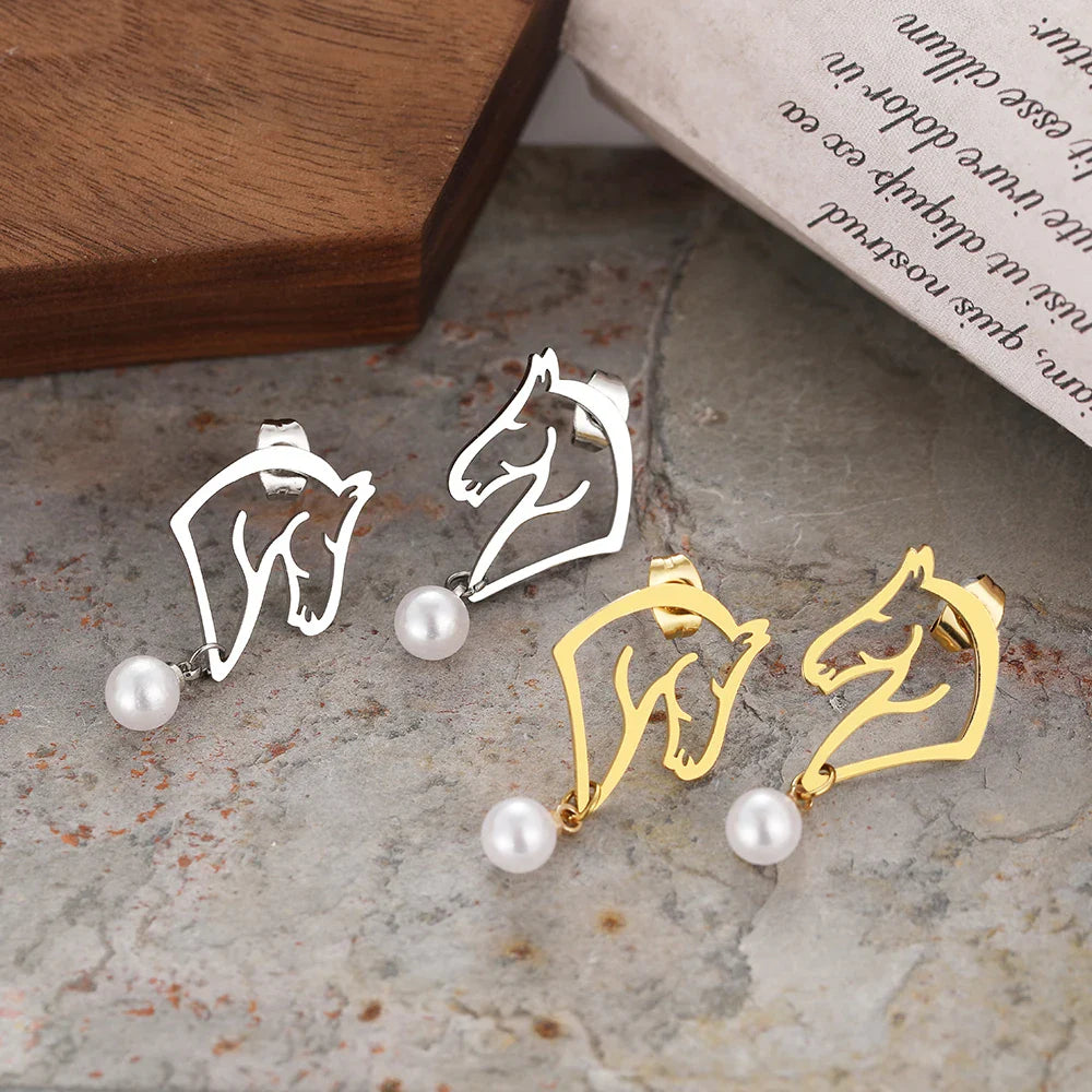 Stainless Steel Earrings 2022 Trend Exquisite Line Horse Design Pearl Charms Pendants Earrings For Women Jewelry Party Gifts NEW
