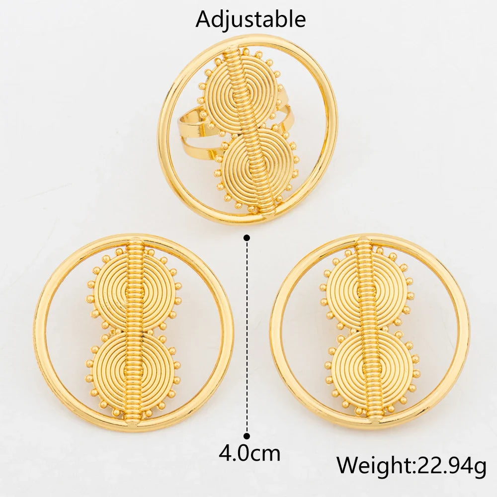 Trend Gold Color Earrings Jewelry Set for Women Hollow Design Clip Earrings with Finger Ring Daily Wear for Party Accessories
