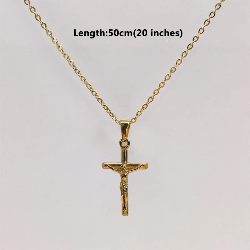 Jesus Cross 18k Gold Plated Stainless Steel Pendant Necklace For Men Unisex Religious Waterproof  Jewelry Accessories