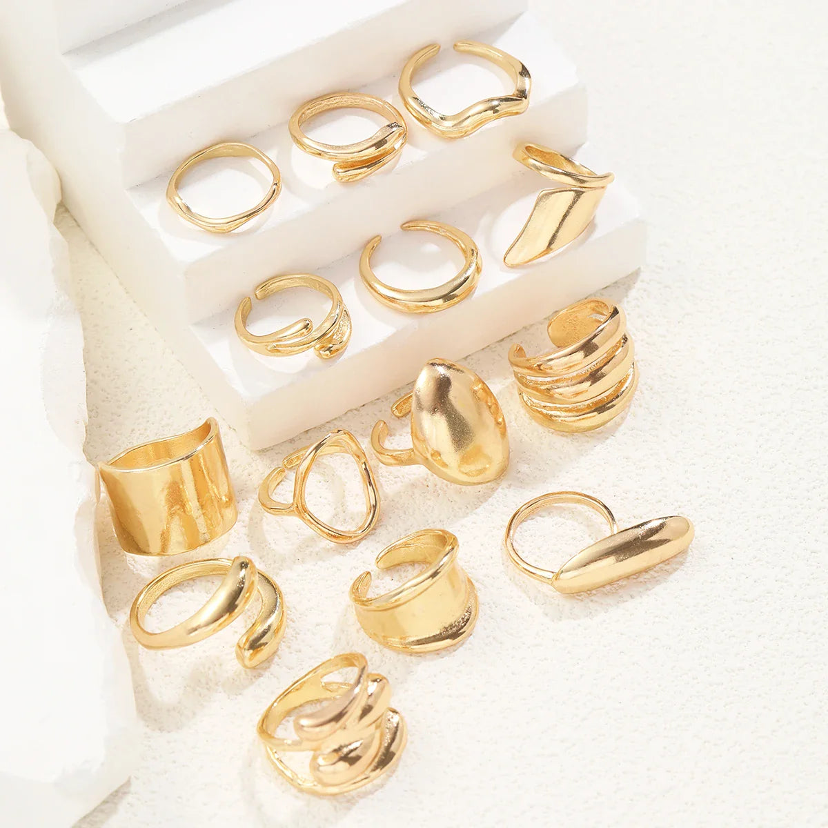 14Pcs/Set Vintage Smooth Open Rings Set for Women Geometric Creative Irregular Gold Color Finger Rings Trendy Daily Jewelry Gift