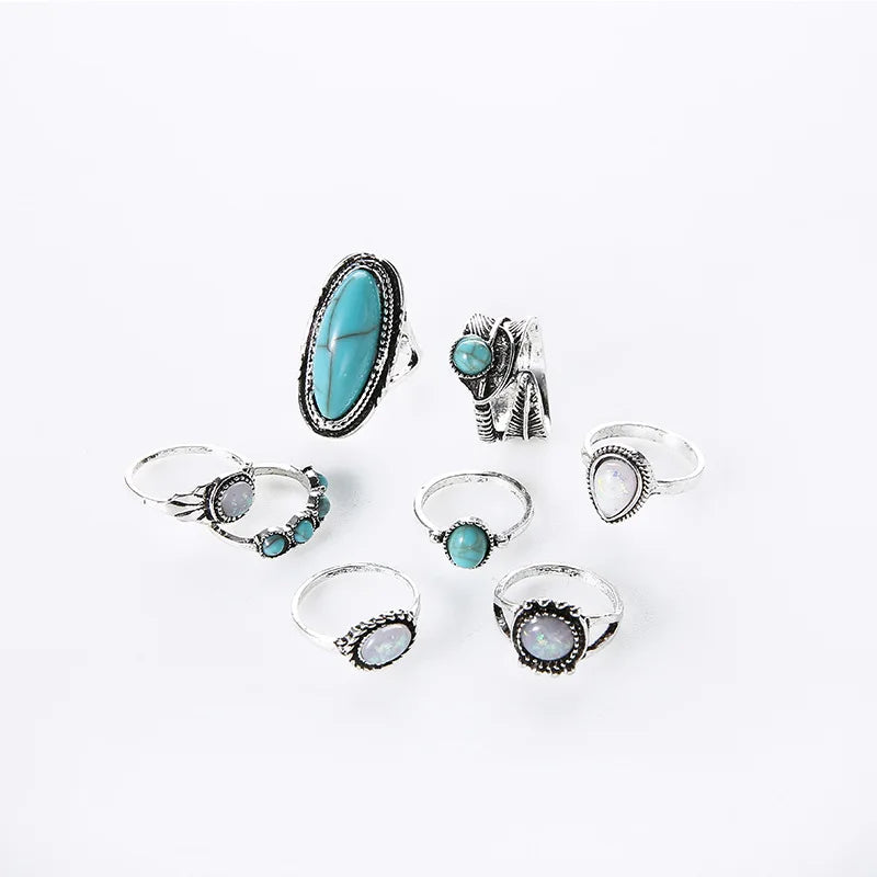 8Pcs/Set Rings Set Fashion Casual New Retro Set With Turquoise Carved Feather Ring Set High-grade Jewelry