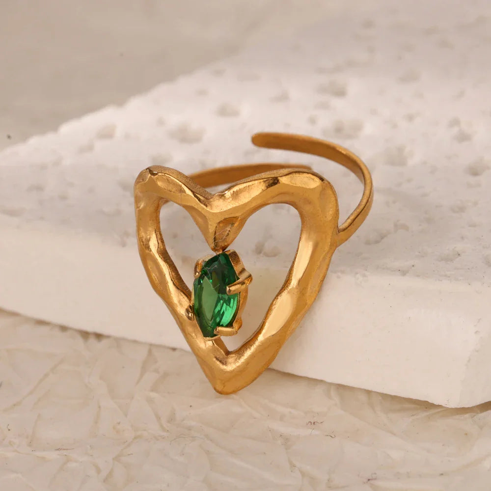 Green Cubic Zircon Heart Rings For Women Vintage Gold Color Stainless Steel Open Ring Fashion Aesthetic Jewelry Wedding Gift