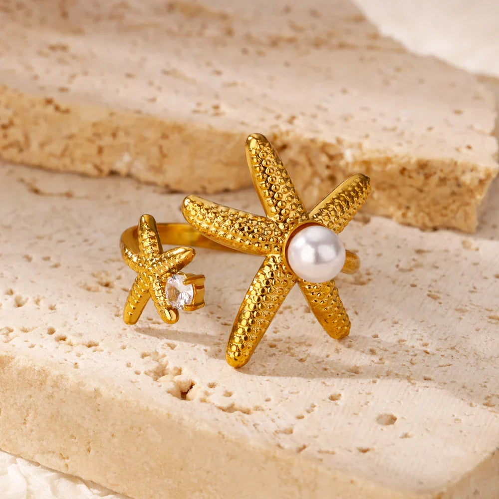 2025 Freshwater Anillos Stainless Steel Pearl Starfish Shell Rings For Women Punk Gold Color Vintage Waterproof Beach Jewelry
