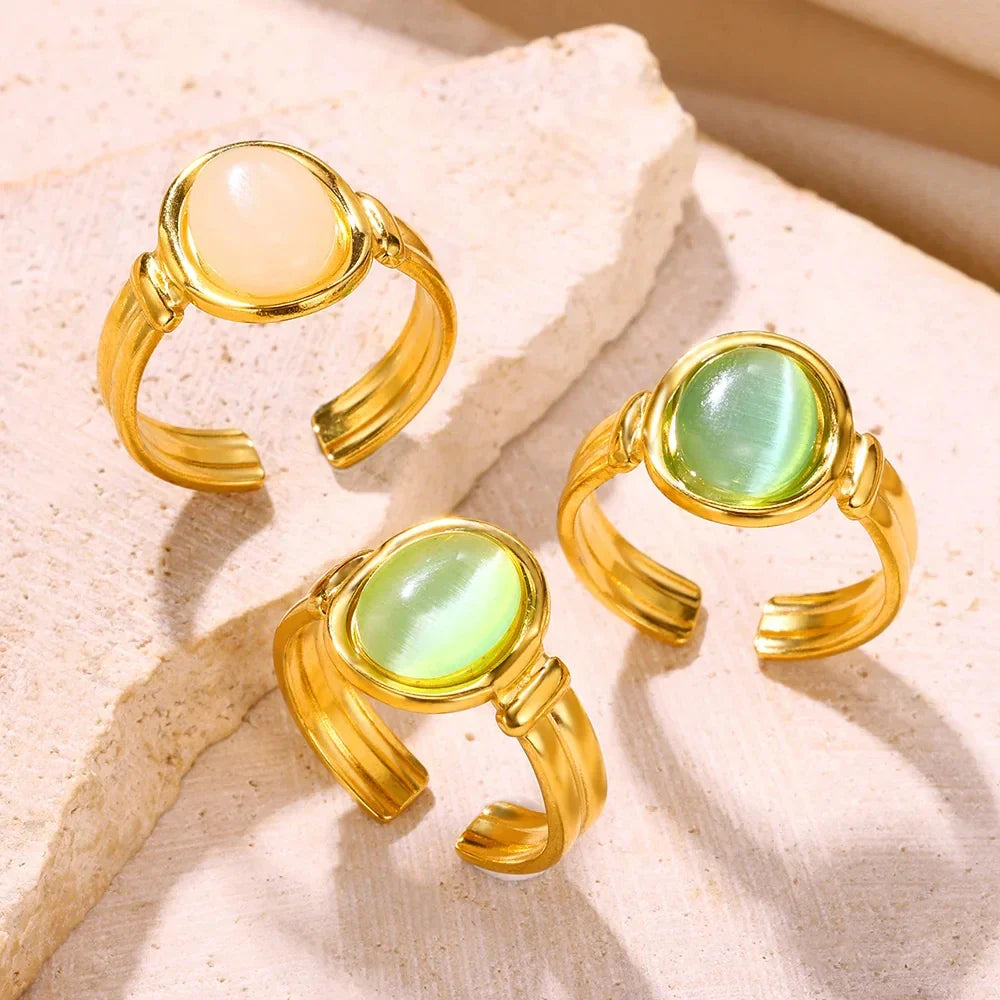 Vintage Oval Opal Rings For Women Gold Color Stainless Steel Adjustable Natural Stone Adjustable Ring Aesthetic Weeding Jewelry