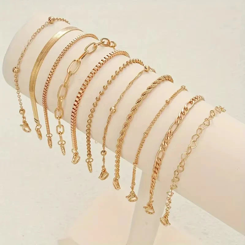 11pcs Chic Snake Chain Bracelet Set for Women Boho Simple Elegant Heart Geometric Chain Vacation Date Casual Jewelry Gifts