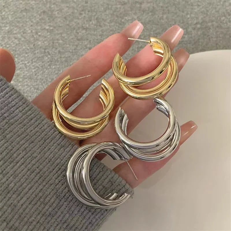 Korean Gold Color Hoop Earring for Woman Metal Elegant Vintage Geometric Statement Luxury Earrings Party 2025 New Jewelry Gift