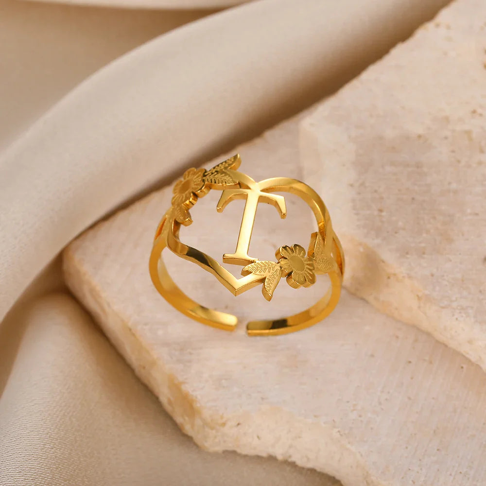 Stainless Steel Initials Letter Heart Rings for Women Girls Gold Color Flower Alphabet Ring Fashion Valentine's Day Jewelry Gift