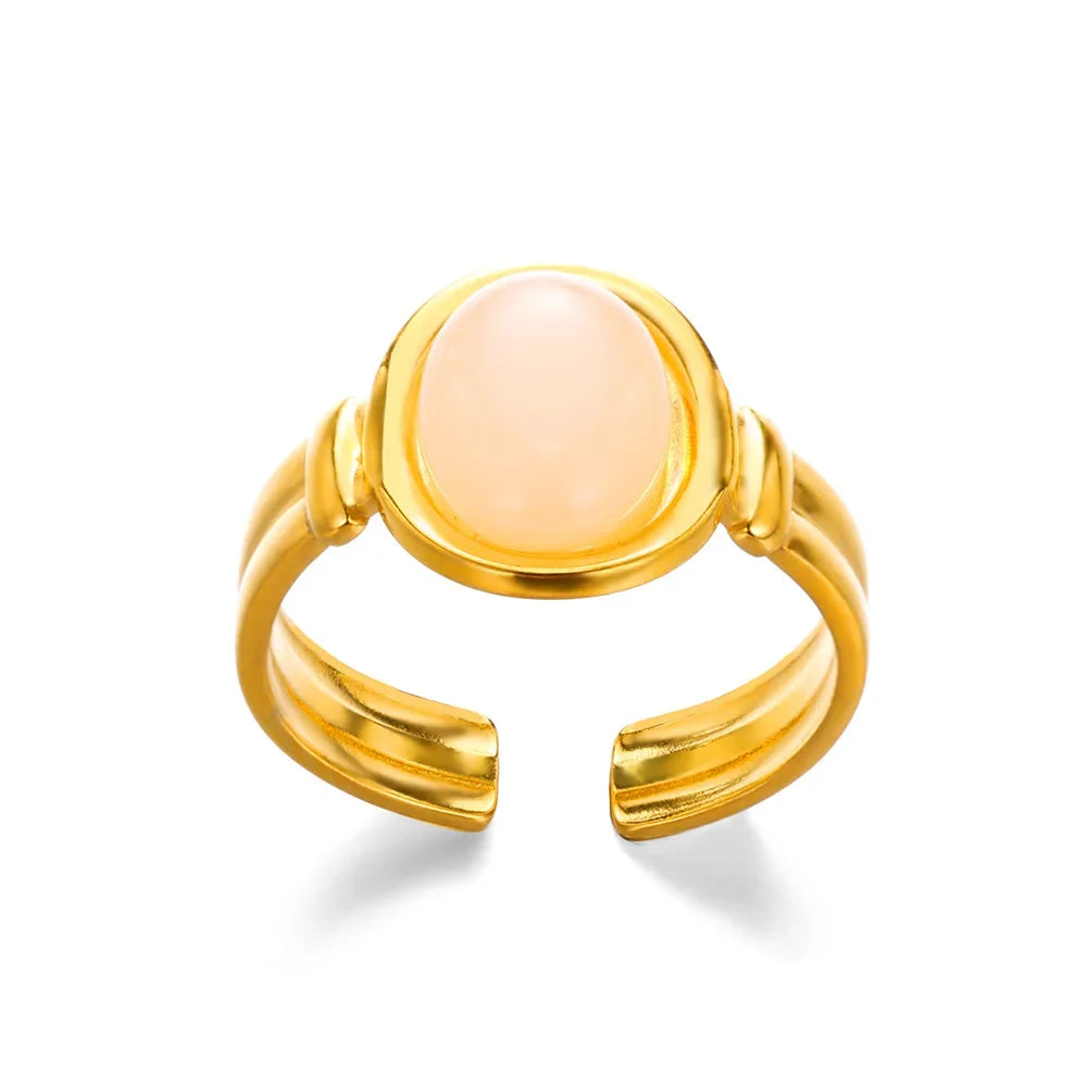 Vintage Green Stone Open Stainless Steel Rings For Women Fashion Gold Color Flower Zircon Ring Jewelry Aesthetic Anillos Gift