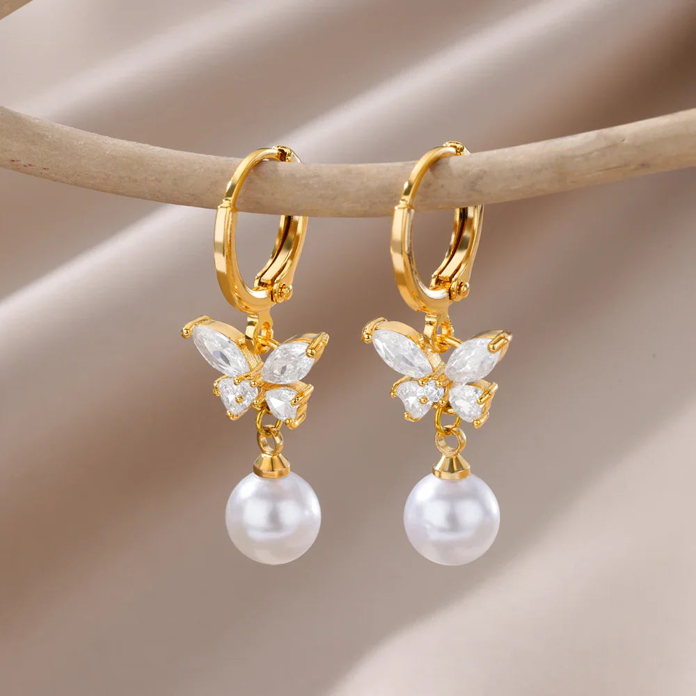 Fashion Circle Imitation Pearl Drop Earrings for Women Gold Color Stainless Steel Round Geometric Hoop Earring Wedding Jewelry