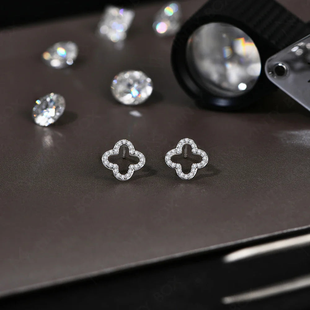 MINTYBOX S925 Sterling Silver Moissanite Diamond Stud Earrings for Women Clover 18k White Gold Plated Flower Wedding Fine Jewelr