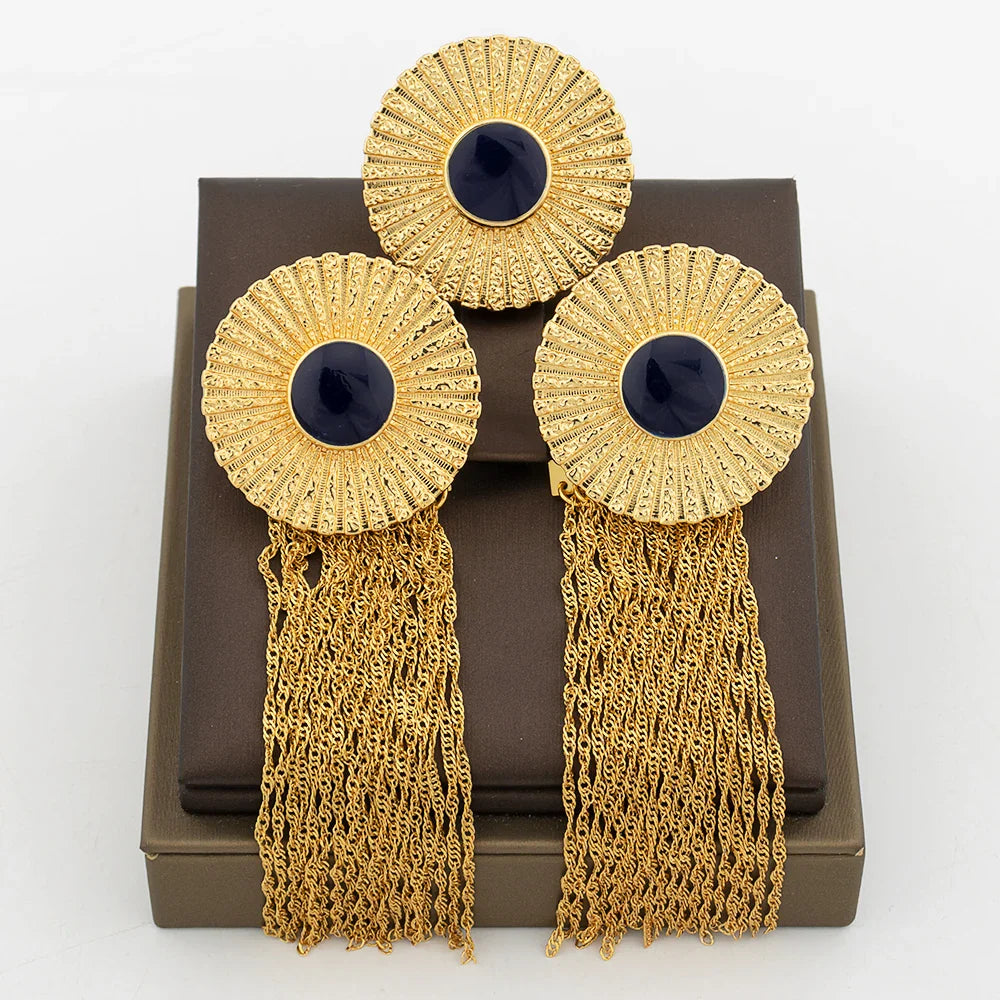 Luxury Tassel Earrings with Ring Set for Dubai African Gold Color and Black Color Matching Jewelry Set Square Design Earrings
