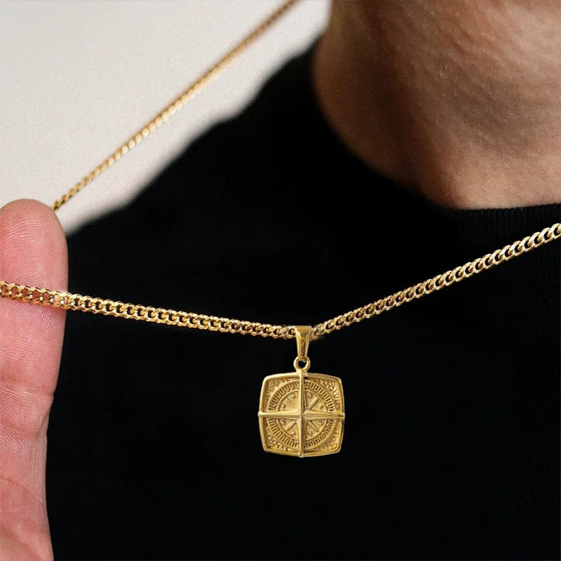 Nautical Compass Pendant Necklace - Waterproof Punk Retro Compass Pendant  | 18K Gold Plated Stainless Steel Jewelry Gift
