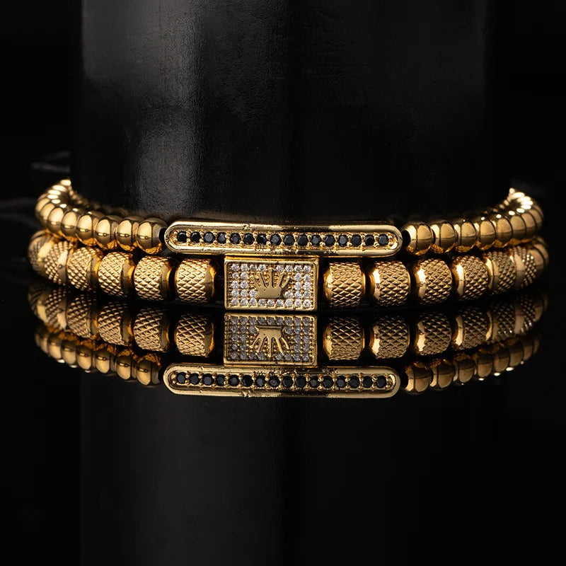 1set Stainless Steel Bracelet Pineapple Bead Crown with Zircon Weaving Adjustable Bracelet Set Trendy Fashion Accessories