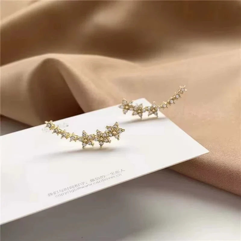 Fashion Silver Color Zircon Flower Star Stud Earrings For Women Simple Metal Piercing Climbing Earrings Jewelry Accessories