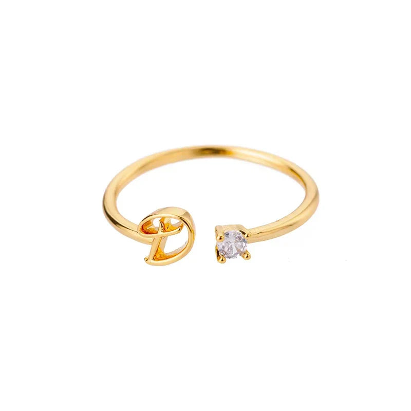 Zircon Initial Letter Ring for Women Stainless Steel Gold Color Alphabet Open Ring Trendy Wedding Birthday Aesthetic Jewelry