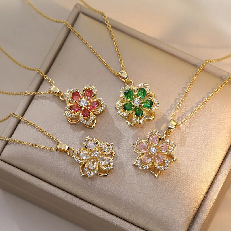 1pc Stainless Steel 5-Petal Flower Necklace With Rotating Pendant For Women Valentines Mom Mother Mother's Day Gift