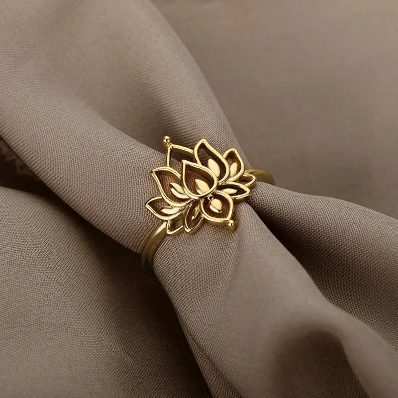 Lotus Flower Rings For Women Stainless Steel Gold Color Hollow Out Ring Fashion Wedding Party Aesthetic Jewelry Gift anillos