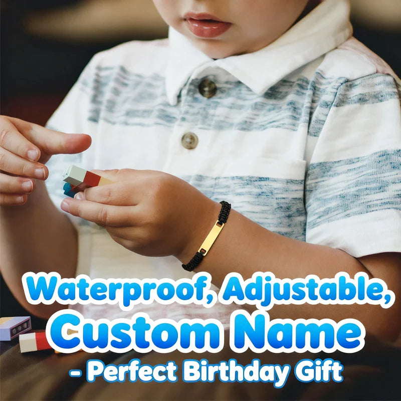 Personalized Name Bracelet for Girl Boy Child, Adjustable Braided Rope Custom ID Tag Bracelet, Engrave Birthday Christmas Gift