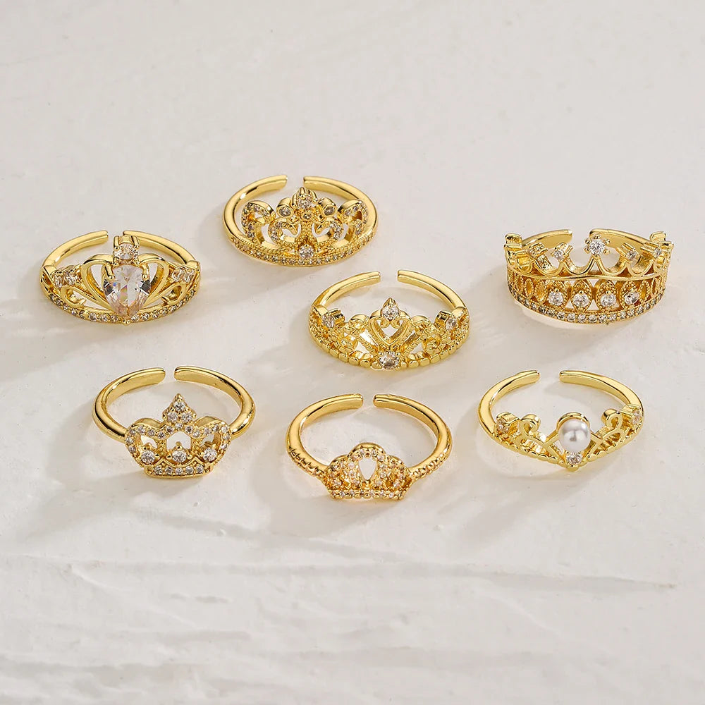 NEWBUY 2025 Trendy Gold Color Crown Charm Finger Rings Open Design Adjustable Shiny CZ Zircon Wedding Jewelry Female