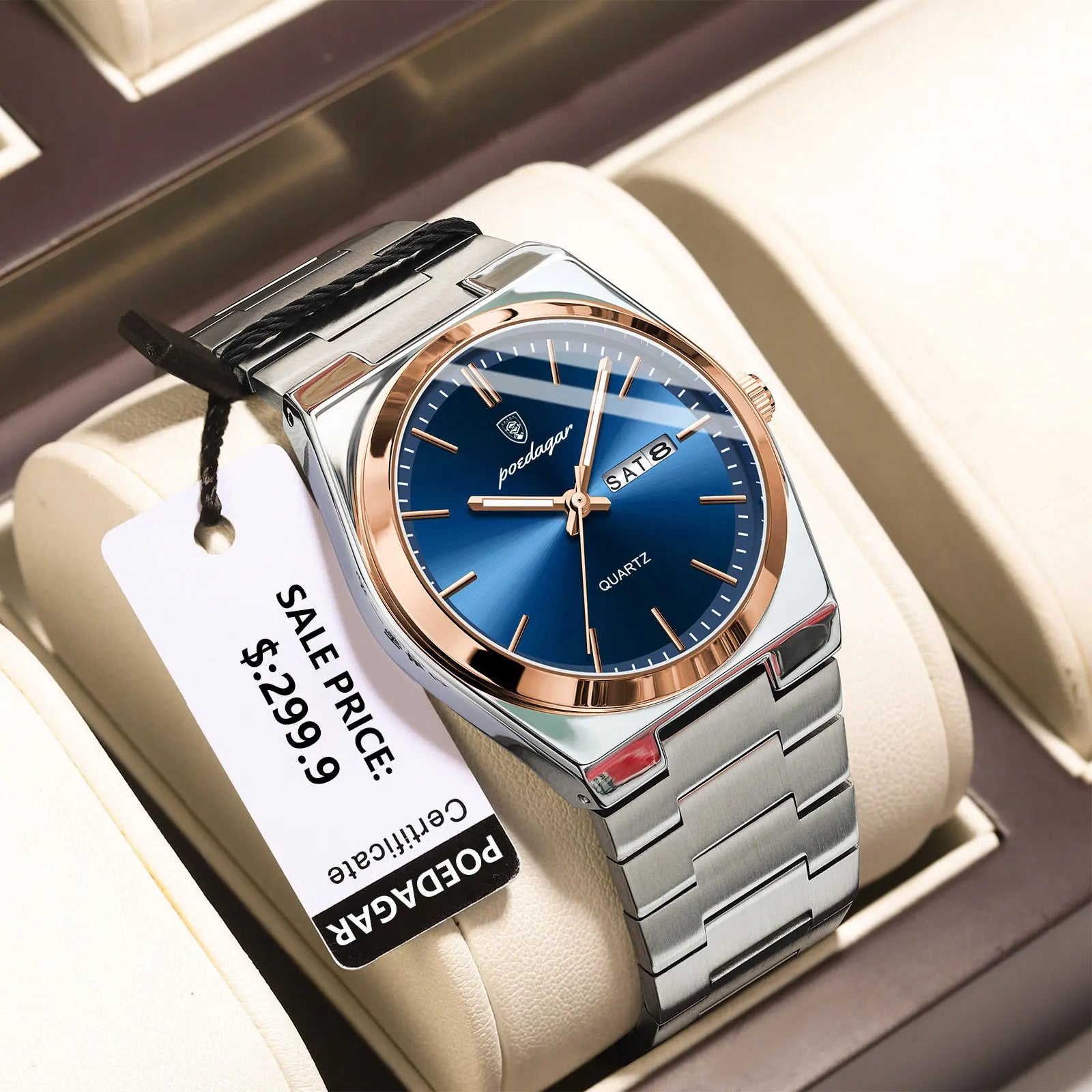 POEDAGAR Luxury Business Man Wristwatch Waterproof Luminous Stainless Steel Men Watch Date Week Fashion Quartz Men's Watches+Box