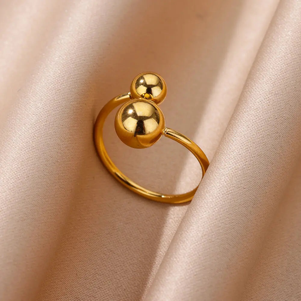 Stainless Steel Smooth Double Ball Beads Rings For Woman Vintage Opal Natural Stone Ring Fashion Gold Color Aesthetic Jewelry