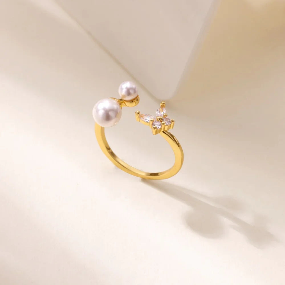 Zircon Butterfly Imitation Pearl Ring For Women Stainless Steel Gold Color Ring 2025 New Fashion Wedding Couple Jewelry Gifts